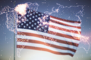 Abstract creative world map interface on USA flag and sunset sky background, international trading concept. Multiexposure