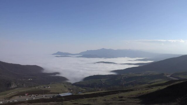 Masuleh, Iran. Spurs of the Elburz mountains and clouds in the valley,Rasht-Zanjan highway