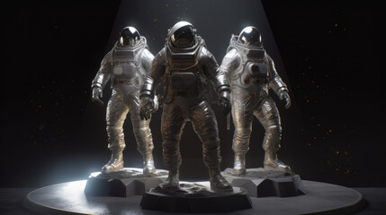 Statues of three Astronauts as thinkable in a couple of centuries. Created with generative AI.