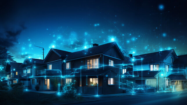 Digital community, smart homes and digital community. DX, Iot, digital network in society concept. suburban houses at night p2