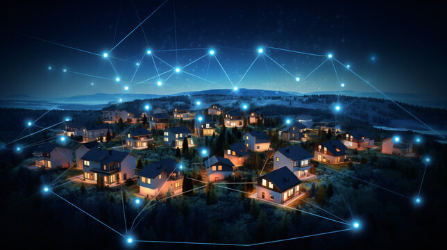 Digital community, smart homes and digital community. DX, Iot, digital network in society concept. suburban houses at night p3