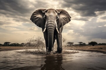 Fototapeta na wymiar Marauding bull elephant charging through water