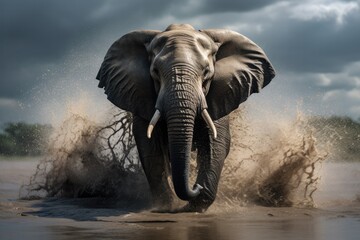 Fototapeta na wymiar Marauding bull elephant charging through water