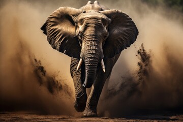 Marauding bull elephant coming out of the rising dust