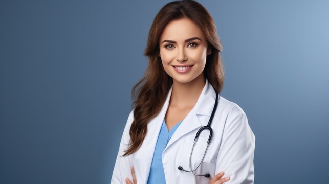 Happy young woman doctor wears white medical coat and stethoscope looking at camera.