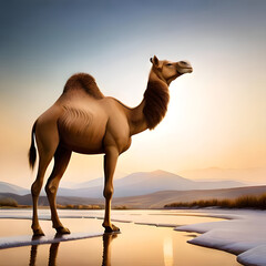 Photo of a camel isolated on a dessert background side view