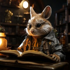 rabbit wearing glasses, reading a book in a library, generative ai 