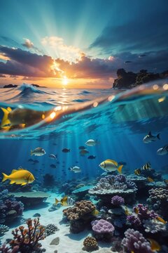 stunning underwater sunset with colorful marine life