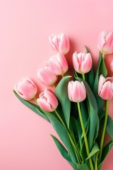 Bouquet of tulips on a pink background. Tulips background. The concept of women's day and mother's day. Generated AI