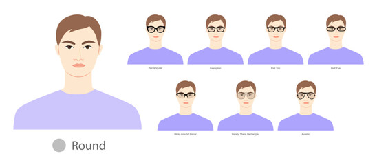 Set of types of glasses for Men round type faces fashion accessory illustration. Sunglass front view unisex silhouette style, flat spectacles eyeglasses, lens sketch style outline isolated on white