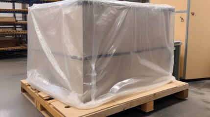 Box Wrapped in Plastic in a Warehouse sitting atop of a pallet, generative ai