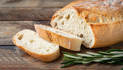 Sliced bread Ciabatta and rosemary on wooden background