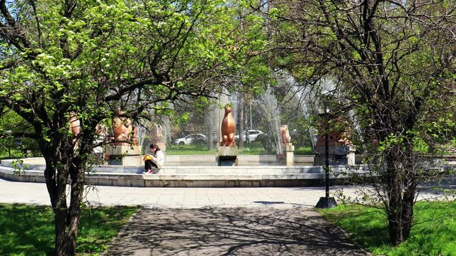 Almaty City. Almaty Kazakhstan 23 April 2023. Fountains in the park in front of the National Academy of Sciences