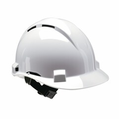 Fototapeta premium white protective hardhat with a black strap, isolated on a white background, generative ai 