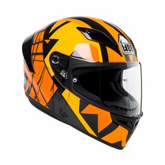 motorcycle helmet with an orange and black geometric design, generative ai
