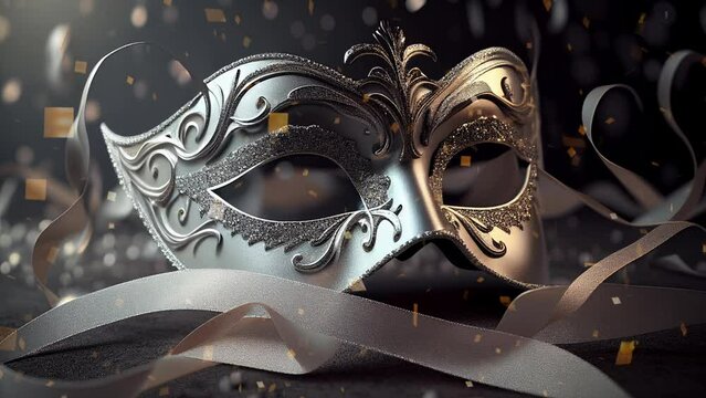 Elegant silver masquerade mask subtle animated image motion background seamless looping for party video background, event costume ball dance holiday New Years Mardi Gras Carnival sparkling lights