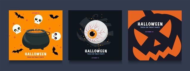 Spooktacular Halloween Design: Skulls, Bat, Cauldron, Pumpkin, Eyes! Abstract Paper Cut Style. Get Creepy with our Spooky Banner, Poster, Cover, and Flyer Templates. Vector Illustration for Horror Hal - obrazy, fototapety, plakaty