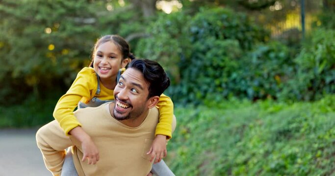 Father, daughter and piggyback in the park, love and bonding outdoor with happiness and care. Man, young girl and family, nature walk and freedom with travel, trust and support in relationship