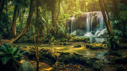 waterfall in the forest HD 8K wallpaper Stock Photographic Image
