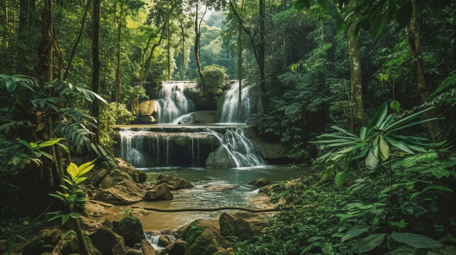 waterfall in the forest HD 8K wallpaper Stock Photographic Image
