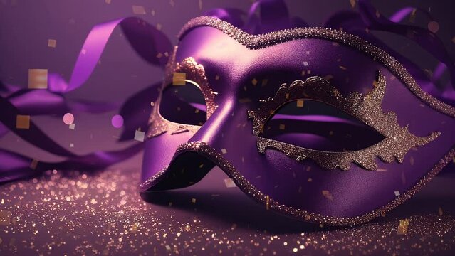 Elegant purple masquerade mask luxury metallics animated motion background seamless looping for party video background, event costume ball dance holiday New Years Mardi Gras Carnival sparkling lights