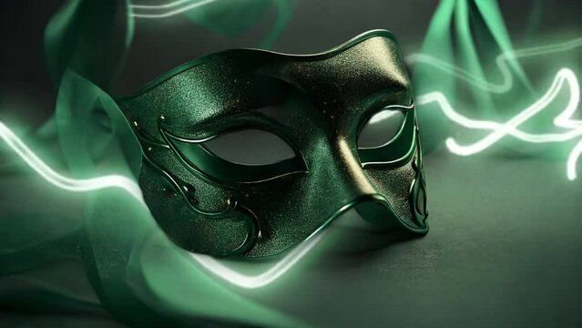 Elegant green masquerade mask subtle animated image motion background seamless looping for party video background, event costume ball dance holiday New Years Mardi Gras Carnival sparkling lights