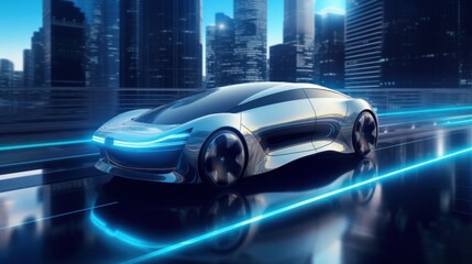 Electric Vehicle with Self-Driving. Future Car Software Technology. 3D illustration