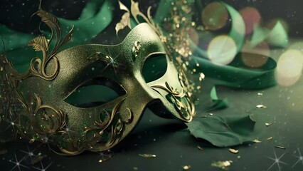Elegant green man masquerade mask Saint Patrick's Day Irish animated motion background seamless looping for party video event costume ball dance holiday New Years Mardi Gras Carnival sparkling lights