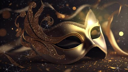 Elegant golden masquerade mask subtle animated image motion background seamless looping for party video background, event costume ball dance holiday New Years Mardi Gras Carnival sparkling lights