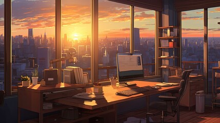Beautiful anime-style illustration of a study room at golden hour