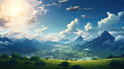 Fototapeten Beautiful anime-style illustration of a mountain landscape at daytime © Georgina Burrows