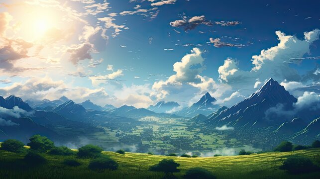 Beautiful anime-style illustration of a mountain landscape at daytime