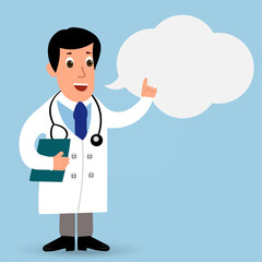 White male doctor in uniform with text bubble in vector illustration 