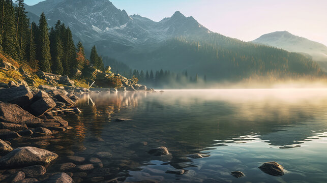 lake in the morning HD 8K wallpaper Stock Photographic Image
