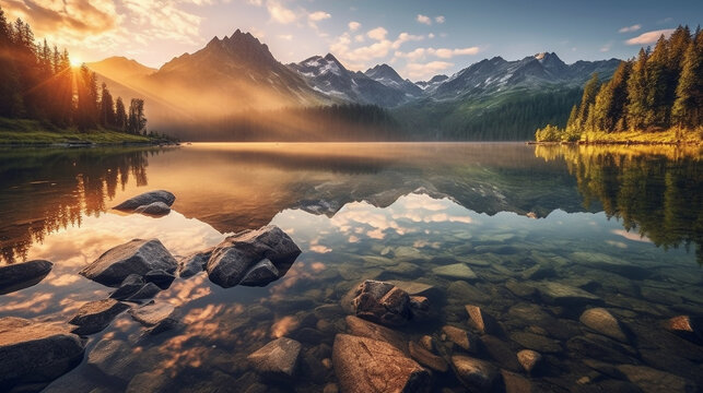 sunrise in the mountains HD 8K wallpaper Stock Photographic Image
