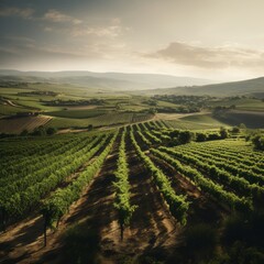 Naklejka premium large vineyard and hills in the summer, with soft, atmospheric lighting, taken from a high elevation, generative ai 