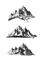 Mountain with pine trees and landscape black on white background. Hand drawn rocky peaks in sketch style.	