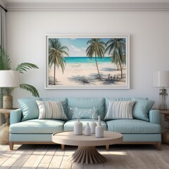 Minimalistic feng shui Living room with turquoise couch, white walls and painted canvas wall art, mock up image,