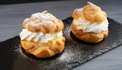 Cream puffs with whipped cream is a classic French dessert also called choux pastry, on black slate...