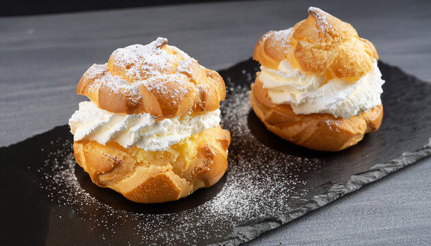 Cream puffs with whipped cream is a classic French dessert also called choux pastry, on black slate board, dusted with sugar powder.