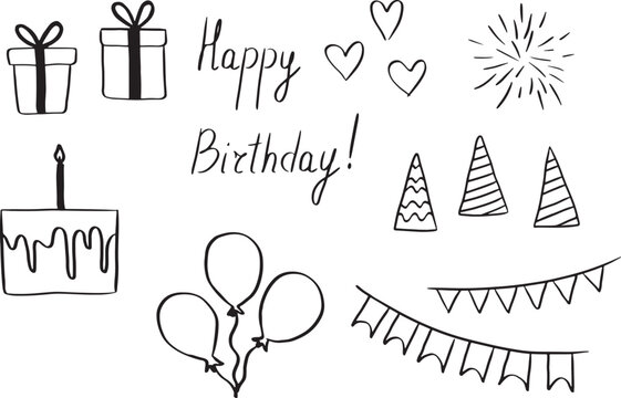 Set of vector birthday elements. Happy birthday set. Holiday decorations. Vector handdrawn line art icons