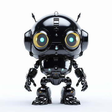 Black robot, isolated on solid white background. 