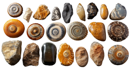 Collection of fossil rocks. isolated object, transparent background