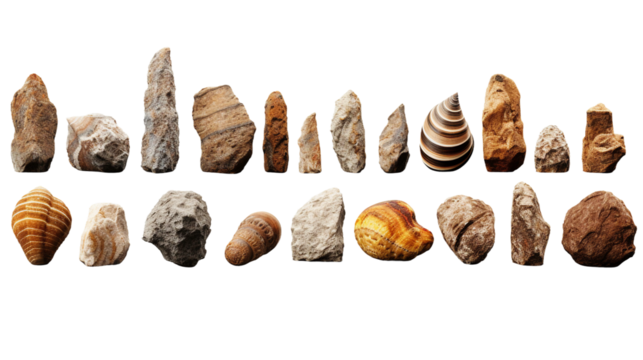 Collection of fossil rocks. isolated object, transparent background