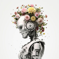 Robot covered in beautiful spring floral. 
