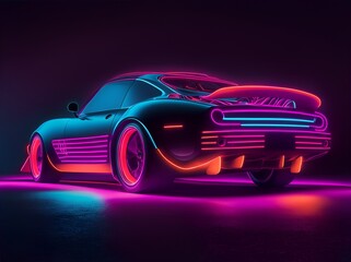 Fototapeta na wymiar Coupe car in neon style on a dark background