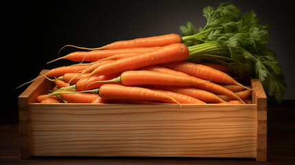 a wooden box full of fresh raw carrots. healthy food photography. close-up. product photo for restaurant. generative ai