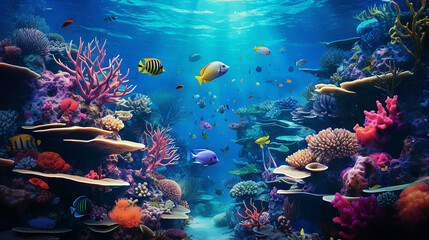 Fototapeta na wymiar underwater coral reef and fishes, hd wallpaper background, 8k, 4k