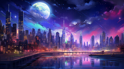 Moon and stars are on top of the city, city with big buildings and the moon, in the style of nightcore, hd wallpaper background, 8k, 4k