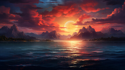 Sunset of the ocean with mountains, in the style of vibrant fantasy landscapes, dark red and cyan, hd wallpaper background, 8k, 4k